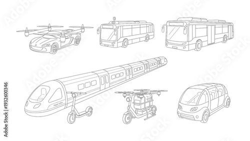 Future Transport: Conceptual line drawing of diverse futuristic transport vehicles, showcasing innovation and evolution in mobility and urban landscape.
