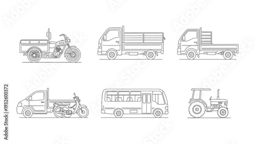 Fleet of Transport Vehicles: A collection of various transport vehicles, each meticulously depicted in a sleek line-art style, showcasing diverse modes of transportation for a range of purposes.