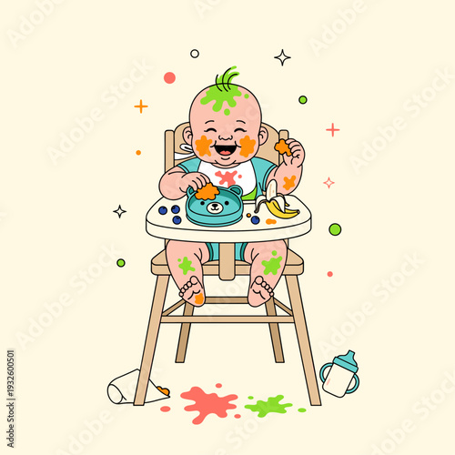 Flat Vector Illustration Of A Messy Baby Led Weaning Meal