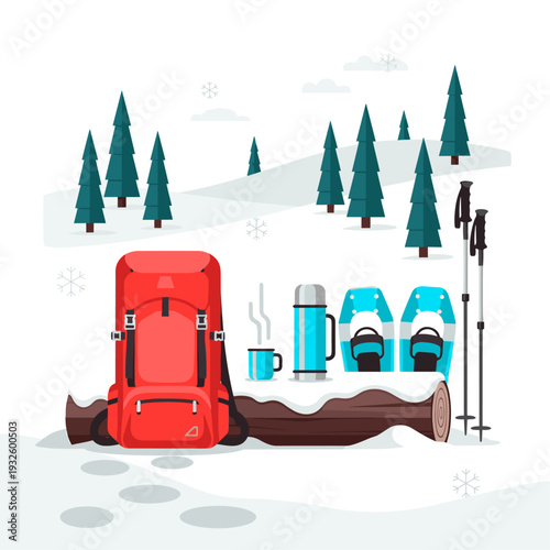 Flat Vector Illustration of a Snowshoeing Trail Rest Stop