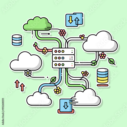 Flat Vector Cloud Computing & Data Server Illustration Set