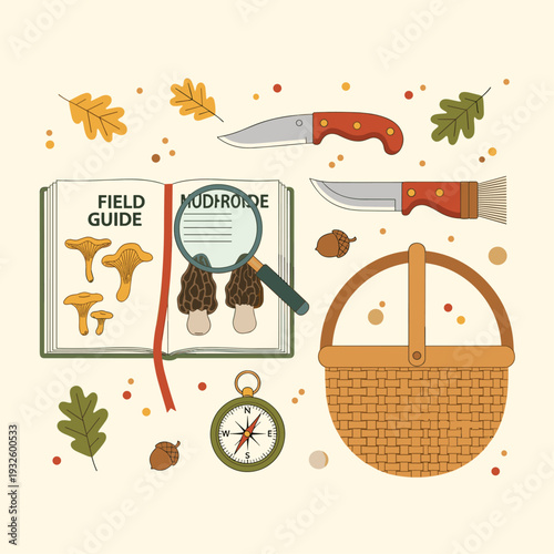 Mushroom Hunter's Essentials Flat Lay Vector Art