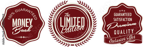 Three red labels with white text on a white background