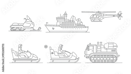 Winter Transport Collection: A detailed illustration showcasing various modes of transportation designed for navigating snowy and icy terrains, including snowmobiles, ships, and helicopters.