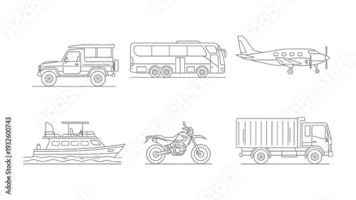 Vehicles Lineup: A comprehensive illustration of various transportation options, artfully rendered in clean, minimalist line art, showcases a diverse array of vehicles for travel.
