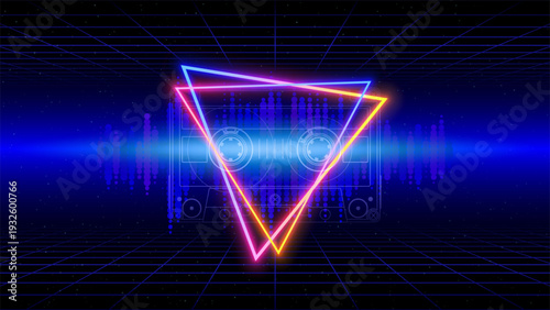 Retro futuristic abstract background. Synthwave 80s style poster. Neon triangle, 3d laser grid, audio waveform, compact cassette. Music template. Starry sky background, wireframe mesh floor. Vector