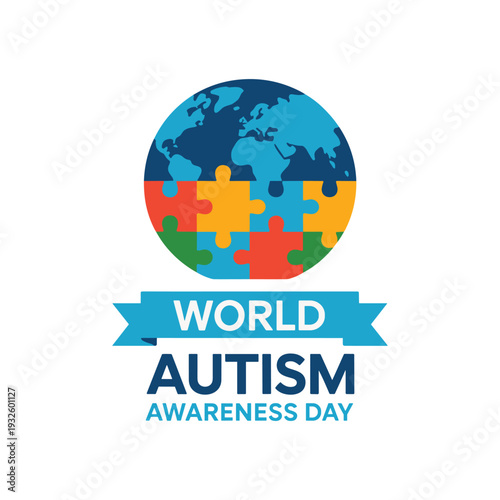 World Autism Awareness Day concept with globe and colorful puzzle pieces on white background