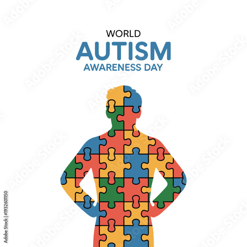 World Autism Awareness Day concept with human silhouette made of colorful puzzle pieces on white background