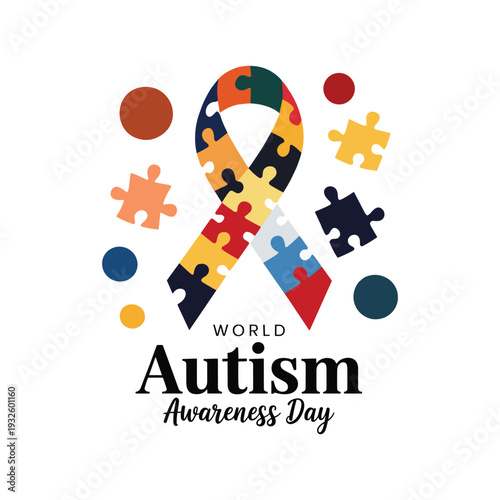 World Autism Awareness Day Ribbon with Colorful Puzzle Pieces Vector Illustration