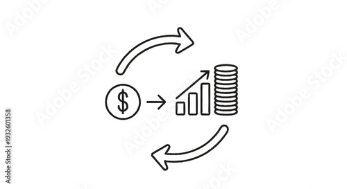 Dollar coin turning into growing stack of coins icon.