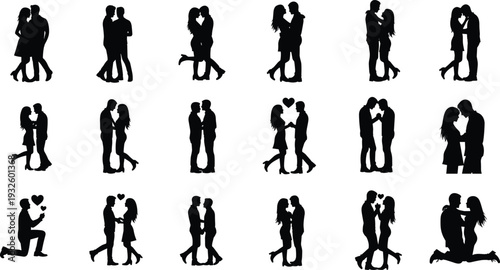 Minimalist black and white vector silhouette collection featuring professional business teams and romantic couples in formal suits and elegant smart casual fashion apparel