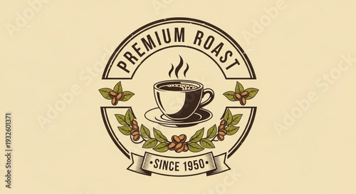 Vintage coffee logo featuring a steaming cup, premium roast, and classic design elements.