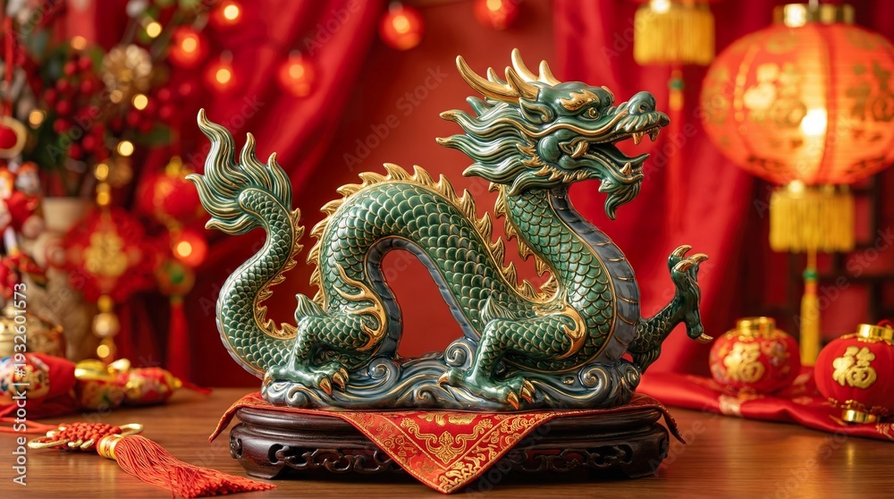 Fototapeta premium Ultra realistic ceramic dragon statue with gold detailing, smooth glazed surface, elegant reflections, red festive background