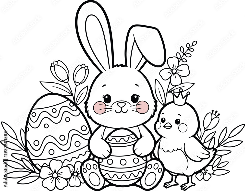 Fototapeta premium Easter bunny and chick with decorated eggs and flowers