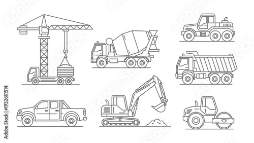 Construction Vehicles: An array of various line art drawings showcasing different construction vehicles, highlighting their diverse functions in the world of infrastructure and building.