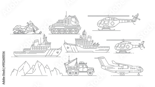 Vehicular Collection: A detailed line art illustration showcases a variety of transport, ranging from a speedy motorcycle to a large plane, capturing the essence of diverse vehicles.