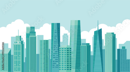 Flat design cityscape illustration with modern buildings and cloudy sky