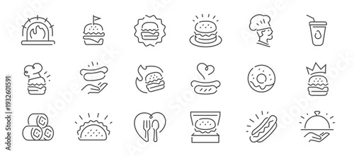 Fast food line icons set. Burger, hot dog, donut outline vector collection. Street food symbols