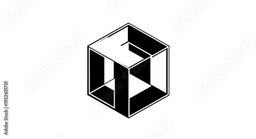 Geometric cube illusion with black and white design and artistic perspective.