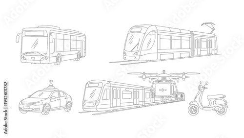 Urban Transportation Vehicles Line Art: A collection of various modern urban transportation vehicles, illustrated with detailed line art, perfect for conveying movement and travel.