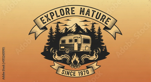 Vintage camping adventure logo with mountains and a camper trailer.