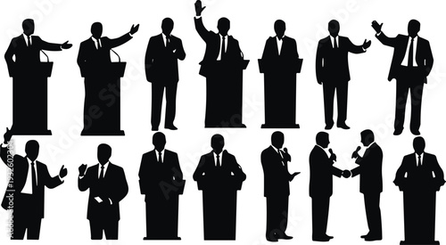 Businessman giving speech at podium, political leader silhouette set, public speaking gesture collection isolated on white background vector