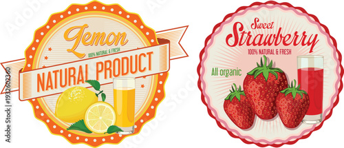 Two labels for natural products with lemon and strawberry