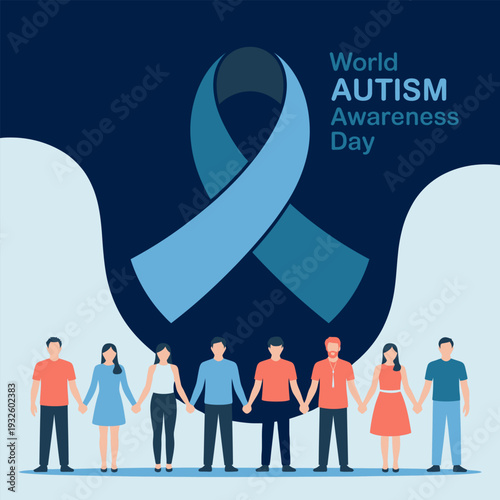 World autism awareness day is represented by a blue ribbon and silhouettes of people holding hands