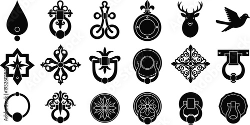Black decorative door knocker silhouettes set featuring vintage, medieval and ornamental designs, classic metal hardware collection icons, isolated architectural elements illustration