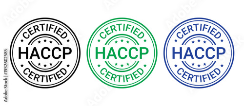 HACCP stamp. Food safety system sticker. Hazard analysis and Critical Control Points badge. Quality warranty seal imprint. Certified emblem. Round icon on white background. Vector illustration