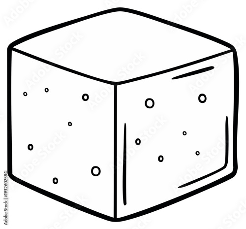 Illustration of a stylized cube form with simple outlines and texture. Isolated, monochrome, and cartoonish style.