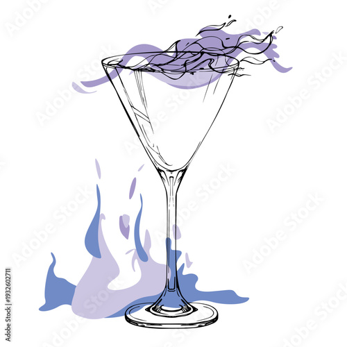 Minimalist flaming cocktail in martini cocktail glass with hand drawn ink outline, vector liquid fire fill. Burning alcohol serve. Isolated illustration for modern drink collections or digital menus.