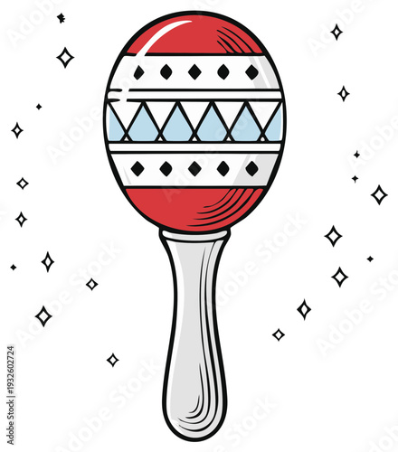 Festive red patterned maraca musical instrument illustration with celebratory sparkles