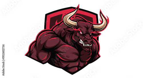 Muscular cartoon bull with sharp horns.