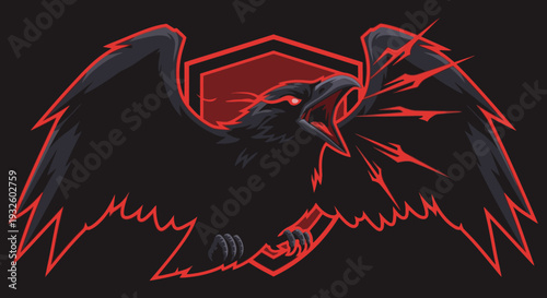 Aggressive black raven with glowing red eyes and energy lines, set against a red hexagonal shield on a dark background, wings spread wide.