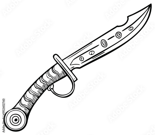 Ornate curved dagger with detailed handle and decorative blade