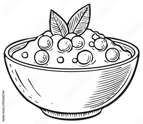 Bowl of healthy food illustration. Delicious porridge with berries and leaves.