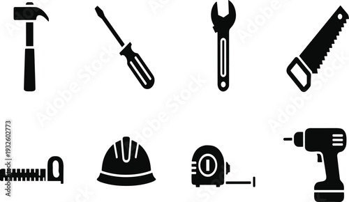 Construction tools and safety helmet silhouette icon set, hammer screwdriver wrench saw drill tape measure isolated vector illustration