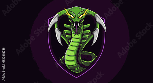 Vibrant green cobra head with sharp fangs and glowing yellow eyes, depicted within a dark purple shield emblem, against a dark background.