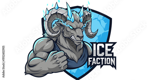 Cartoon ram character with ice faction logo.