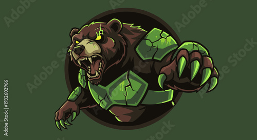 Aggressive brown bear mascot with glowing eyes and green armor lunging forward in a dynamic pose.