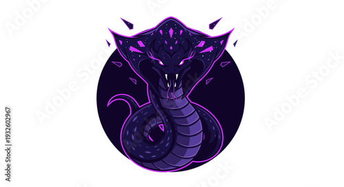 Mystical dark purple cobra with glowing accents and spread hood, coiled in an aggressive pose against a dark circular background, stylized digital art.