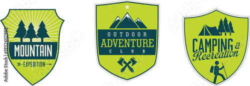 Three green and yellow camping and adventure badges