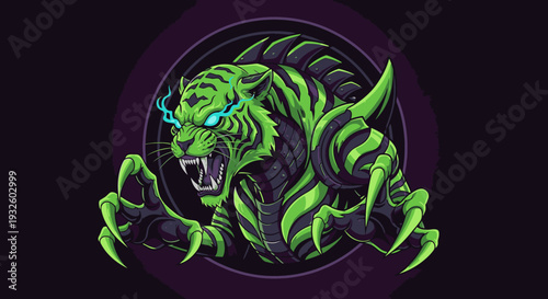 An aggressive, cybernetic green and black tiger with glowing blue eyes and sharp claws lunging forward from a dark background.