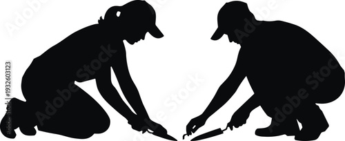 Construction workers laying tiles silhouette, two builders installing floor tiles isolated on white background vector illustration