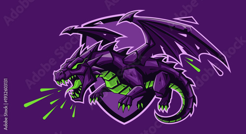 Aggressive purple dragon with green accents spitting venom, stylized fantasy creature logo design.