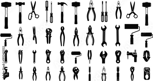 Black hand tools silhouette set showing hammers pliers wrenches screwdrivers and paint rollers, construction repair equipment icons collection isolated on white