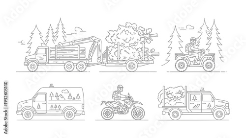 Forestry and Transport: Line art illustration detailing the forestry process, showcasing machinery and vehicles used in timber transport and forest management.