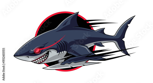 A fierce, dark blue cartoon shark with glowing red eyes and sharp teeth, depicted with speed lines against a red and black circle, conveying power and rapid motion.