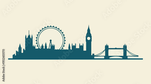 London City Skyline Silhouette with Famous Landmarks and Icons